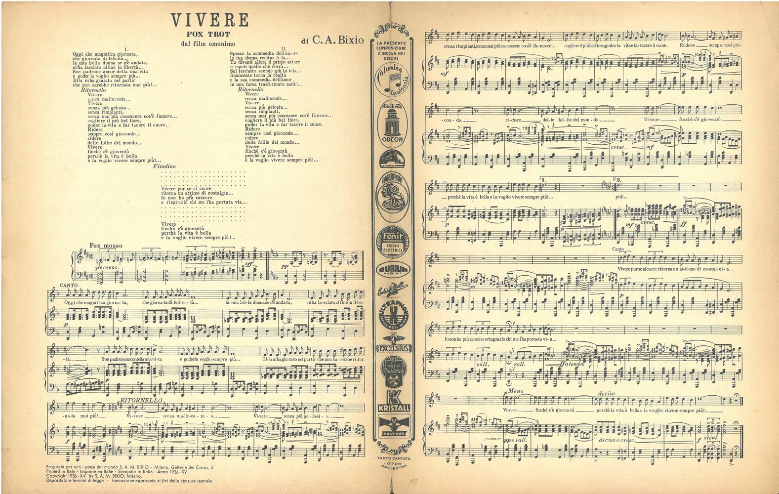 Spartito musicale di Vivere